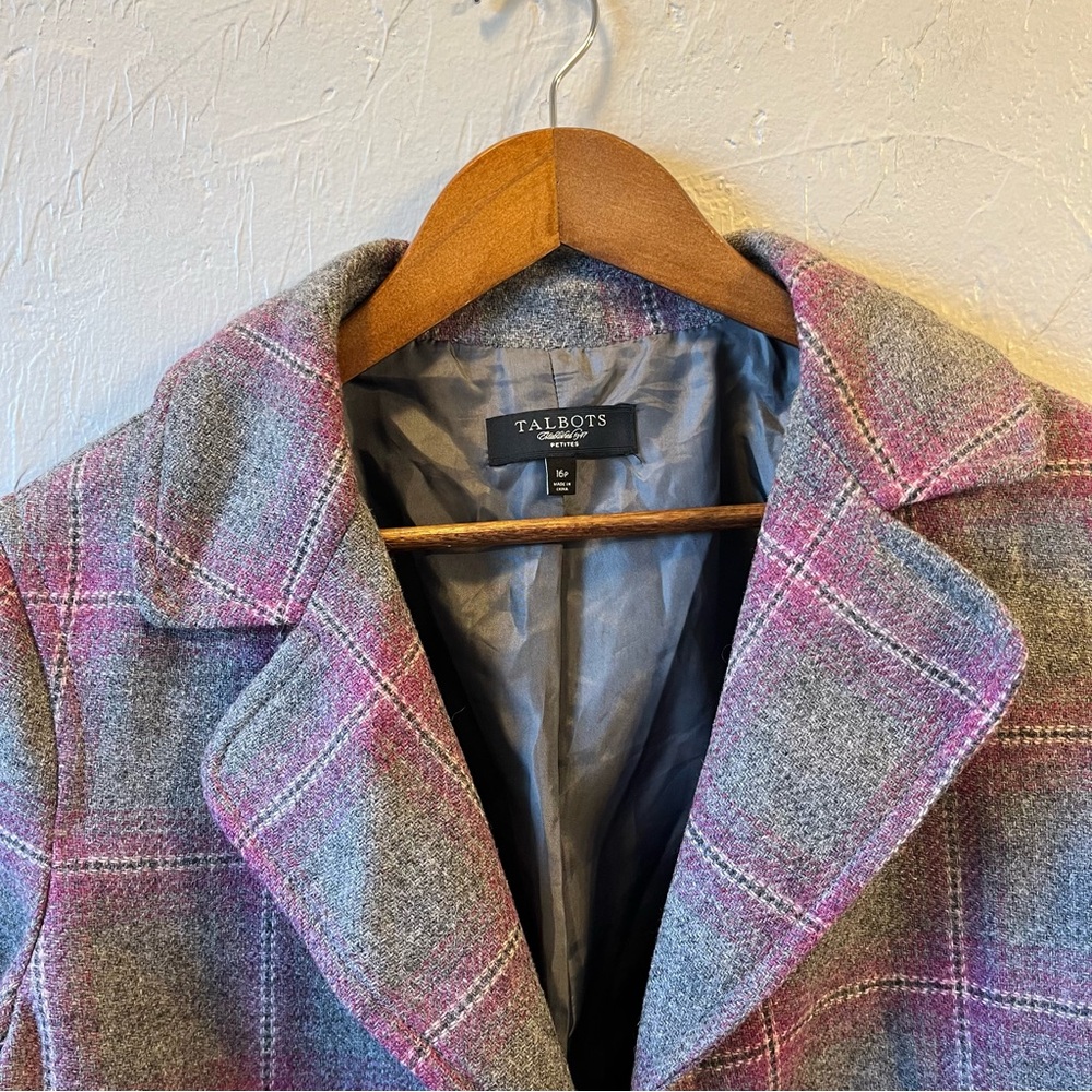 Talbots Gray Pink Plaid Wool Tweed Open Front Blazer Jacket 16P Career - Picture 6 of 10